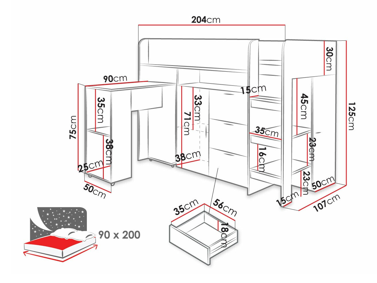 Высокая кровать Hartford 363 (Бетон + Дуб вотан)