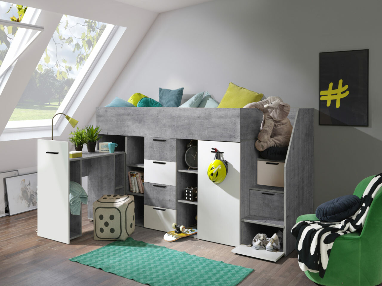 Высокая кровать Hartford 364 (Бетон + Белый)