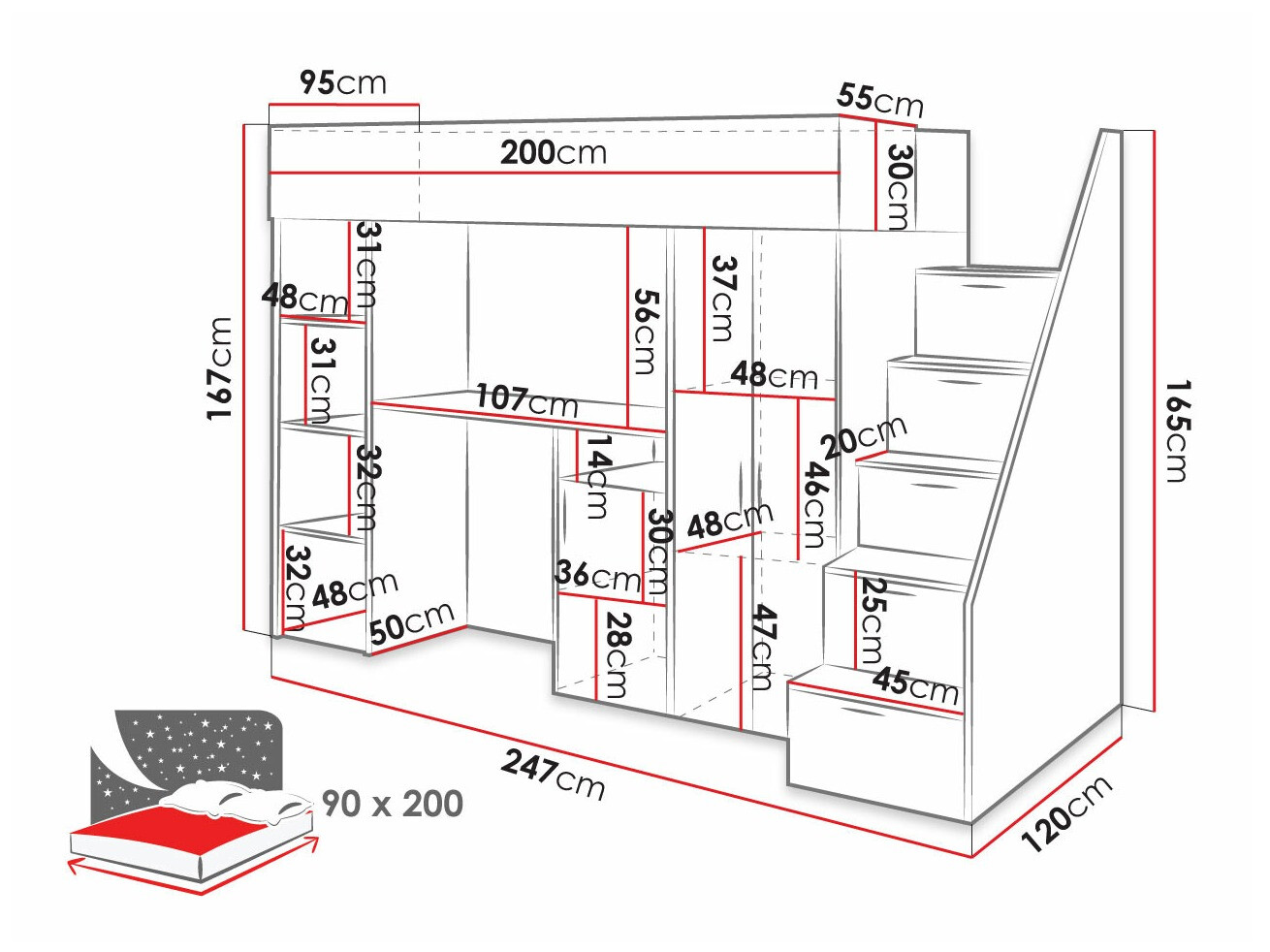 Высокая кровать Hartford 365 (Бетон + Белый)