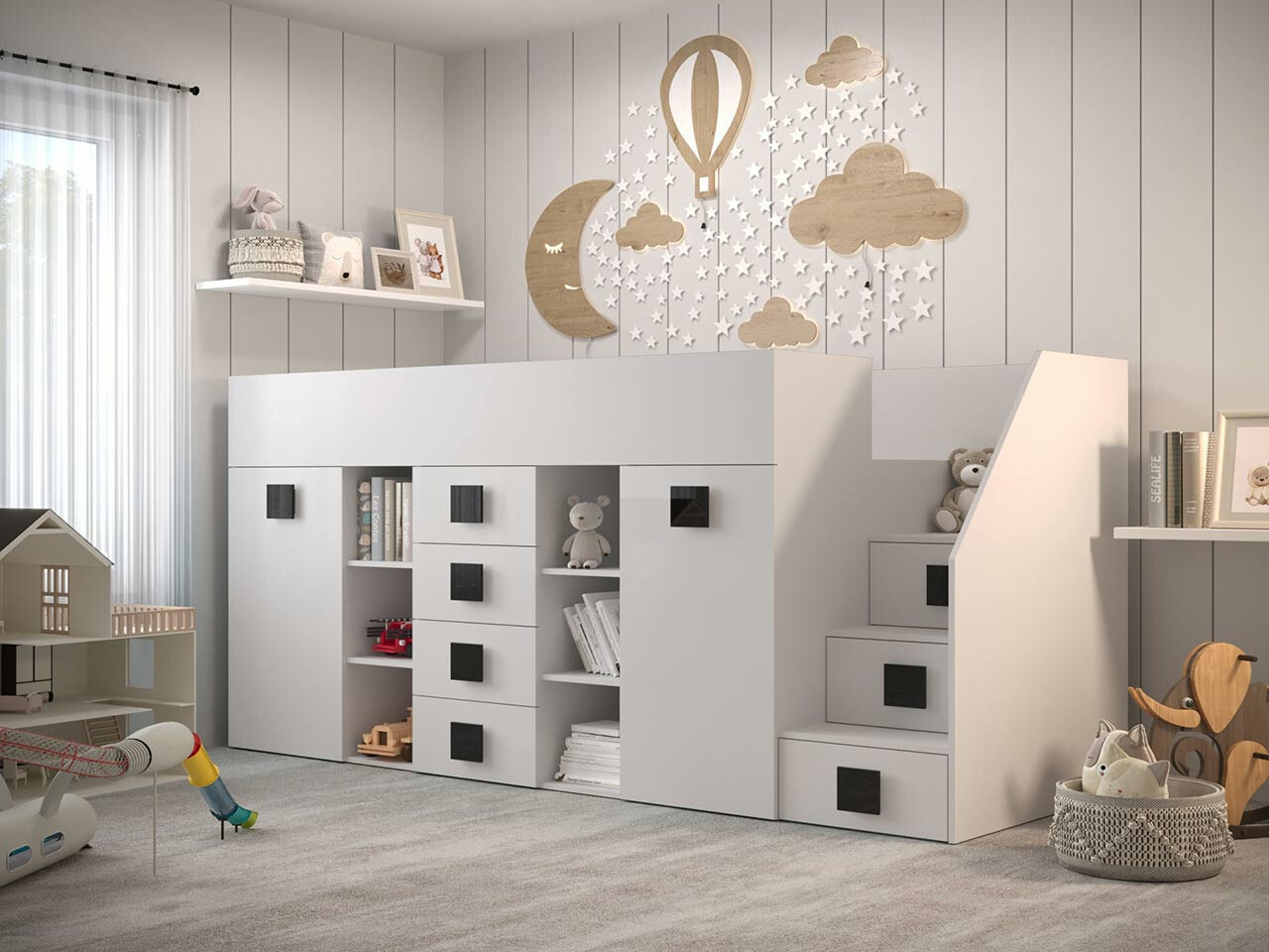 Высокая кровать Hartford 366 (Белый + Глянцевый белый + Чёрный)