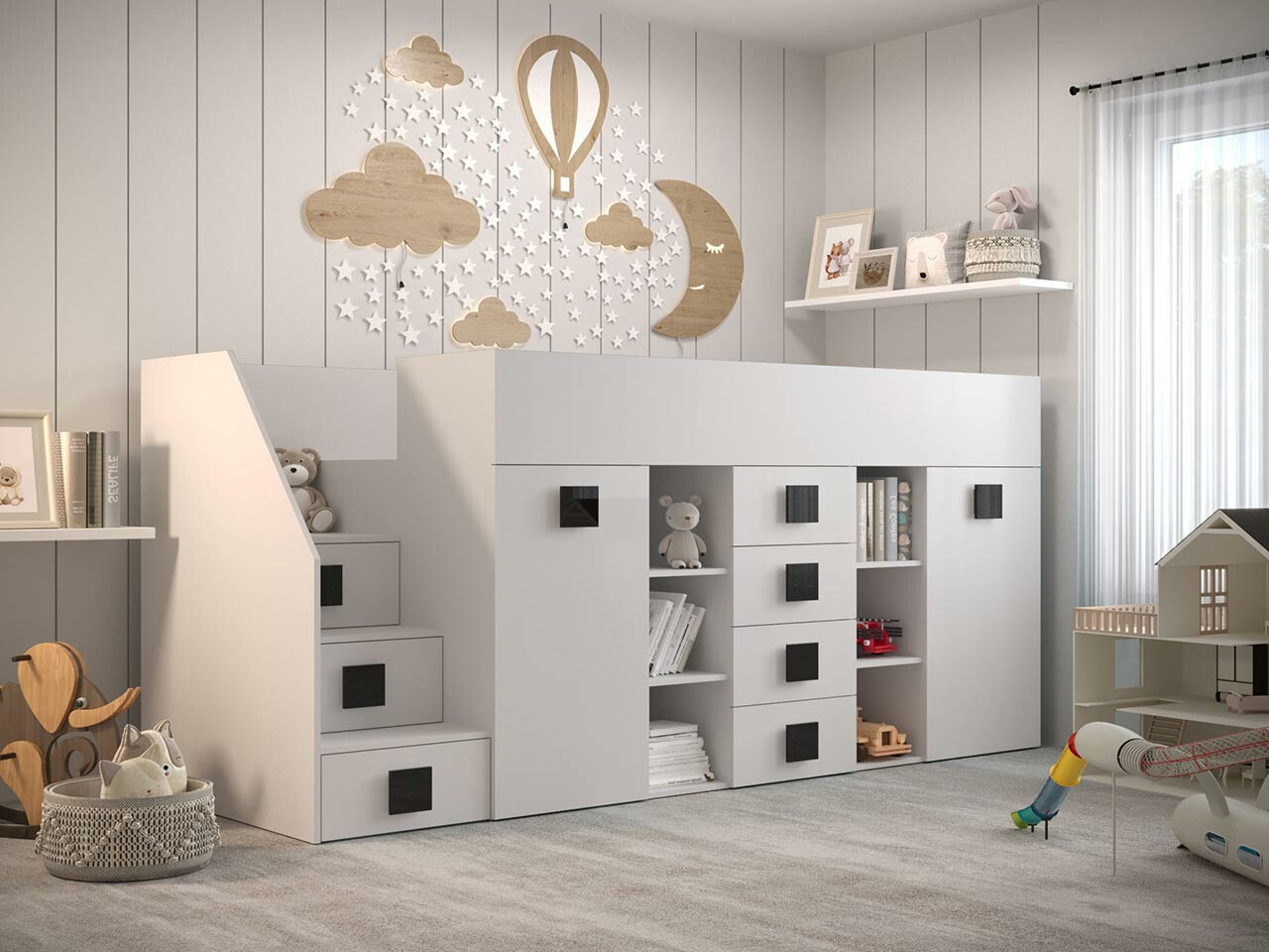 Высокая кровать Hartford 366 (Белый + Глянцевый белый + Чёрный)