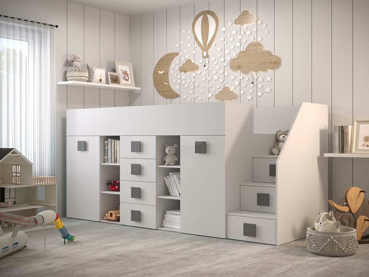 Высокая кровать Hartford 366 (Белый + Глянцевый белый + Серый)