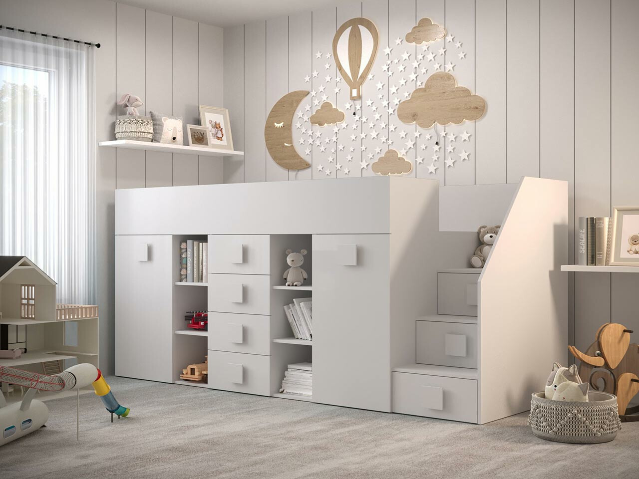 Высокая кровать Hartford 366 (Белый + Глянцевый белый)