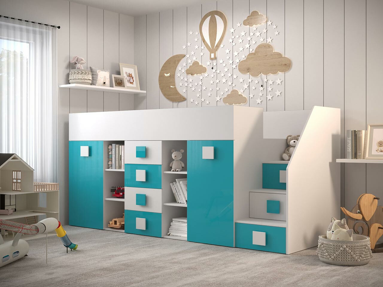 Высокая кровать Hartford 366 (Белый + Глянцевый Бирюзовый + Глянцевый белый)