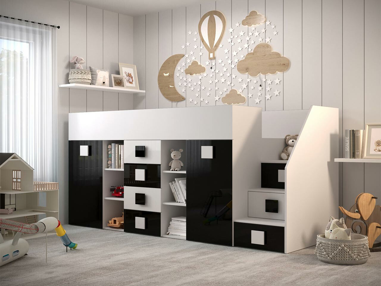 Высокая кровать Hartford 366 (Белый + Глянцевый черный + Глянцевый белый)