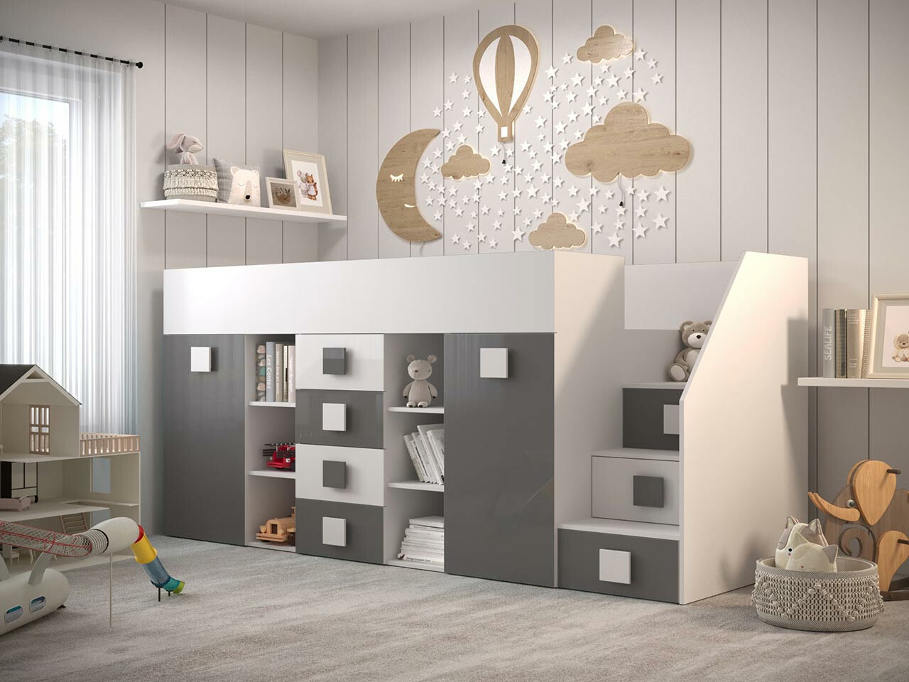 Высокая кровать Hartford 366 (Белый + Глянцевый серый + Глянцевый белый)