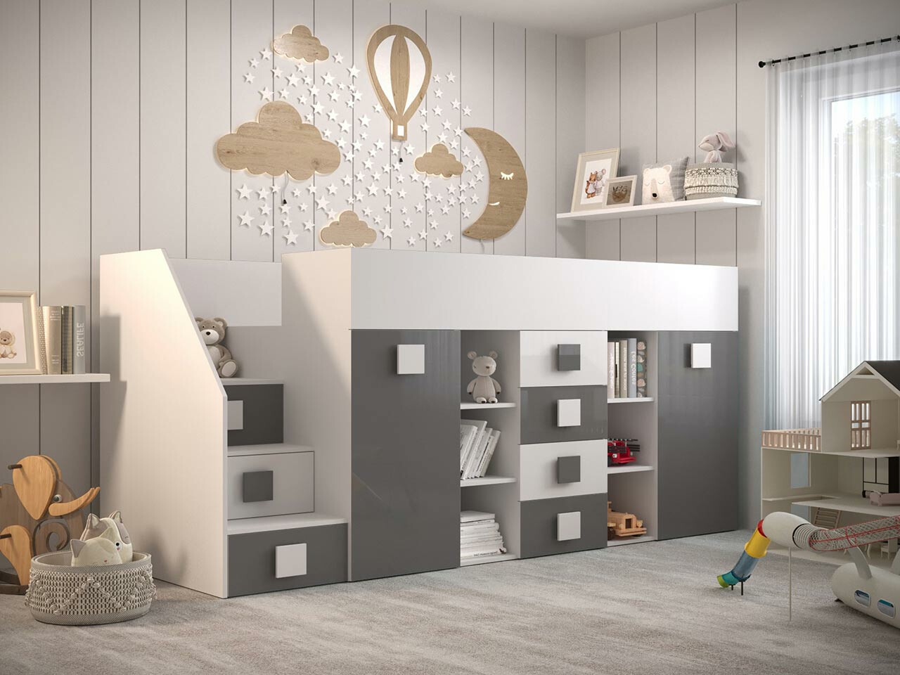 Высокая кровать Hartford 366 (Белый + Глянцевый серый + Глянцевый белый)