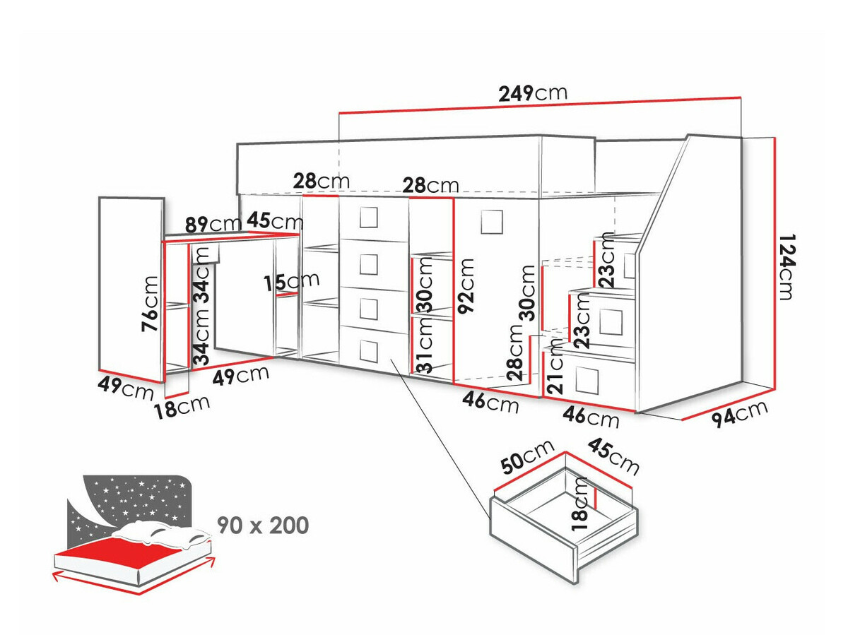 Высокая кровать Hartford 366 (Белый + Глянцевый белый + Серый)