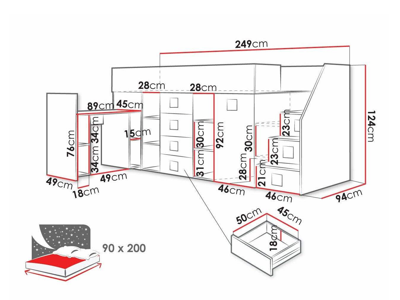 Высокая кровать Hartford 366 (Белый + Глянцевый Бирюзовый + Глянцевый белый)