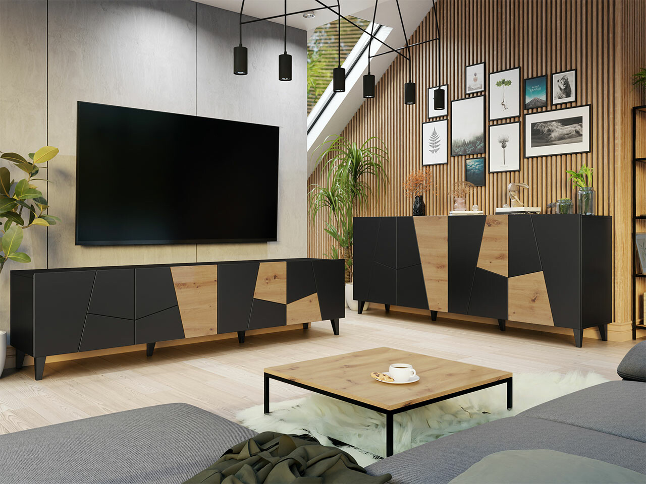 Viesistabas komplekts Charlotte 182 (Melns + Craft ozols)