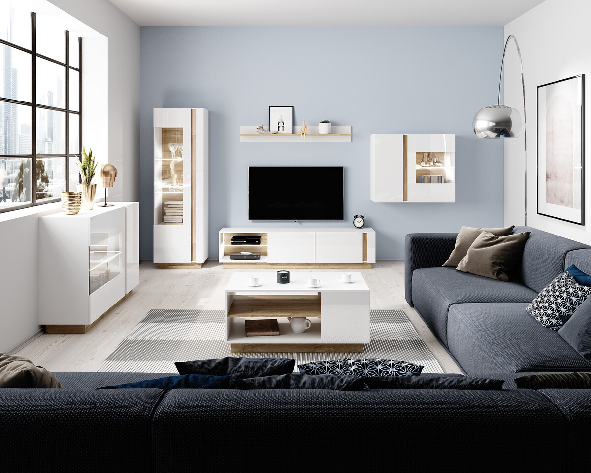 TV galds Novbela 108 (Balts + Glancēts balts + Grandson ozols)