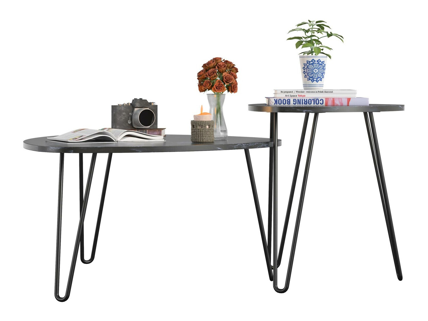 Комплект журнальных столиков Tulsa 561 (Черный мрамор + Чёрный)