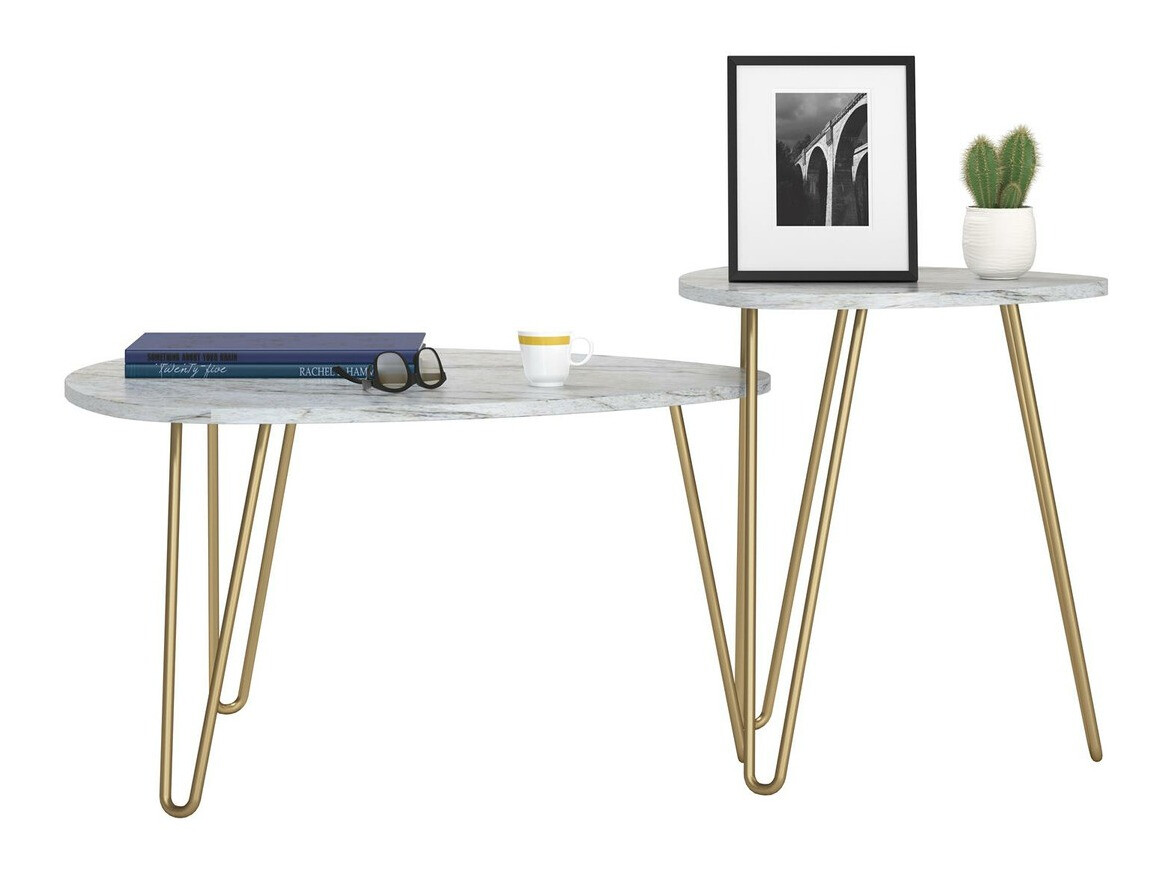 Žurnālu galdiņu komplekts Tulsa 561 (Balts marmors + Zelta)