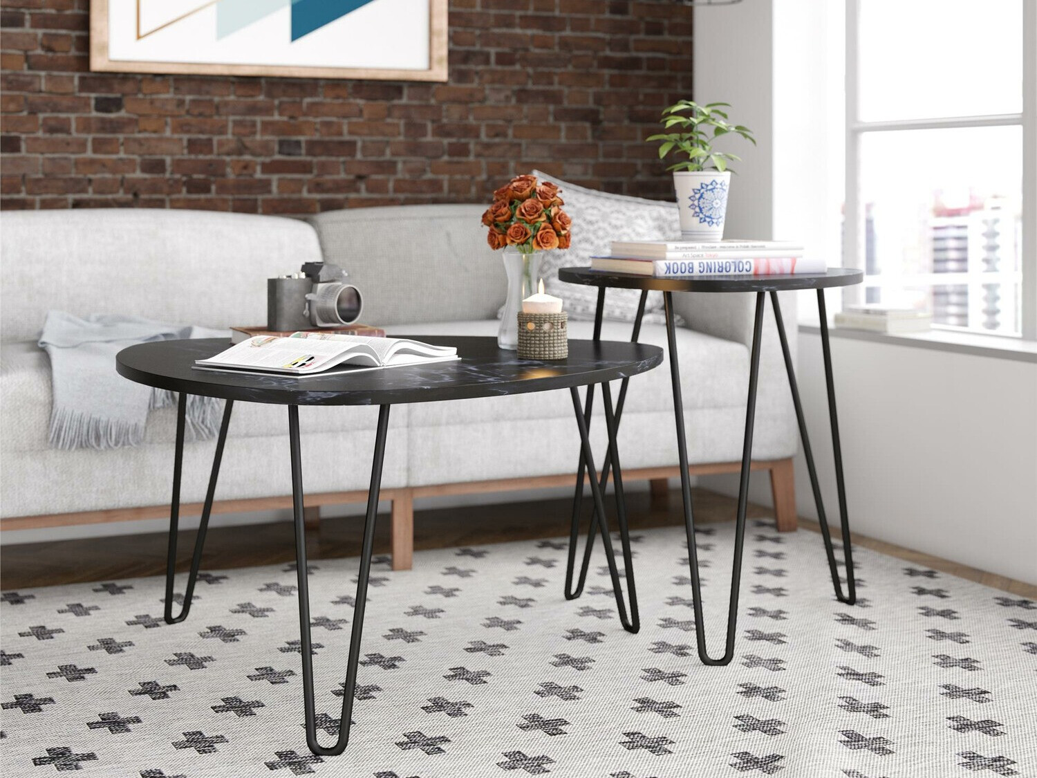 Žurnālu galdiņu komplekts Tulsa 561 (Melnais marmors + Melns)