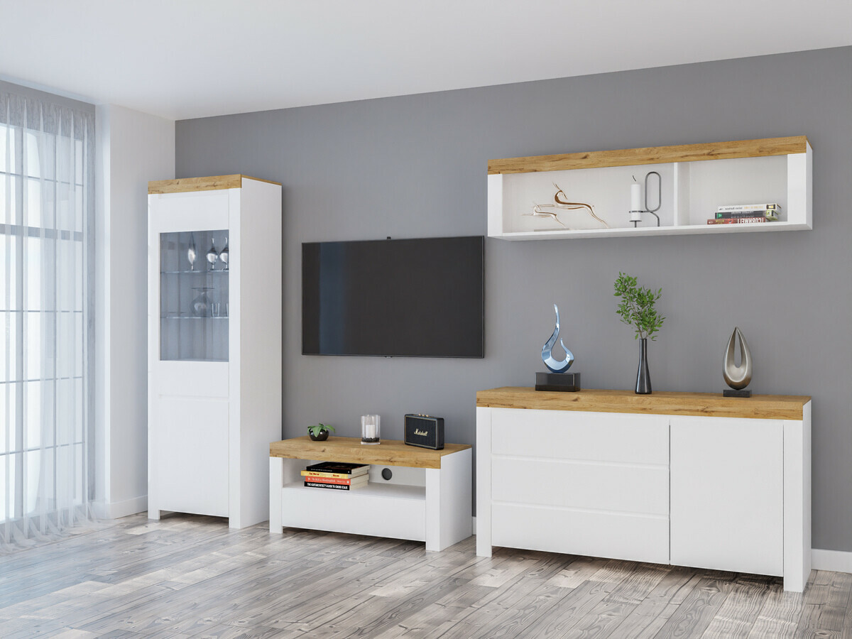 Viesistabas komplekts Sonsoru 144 (Balts + Glancēts balts + Votan ozols)