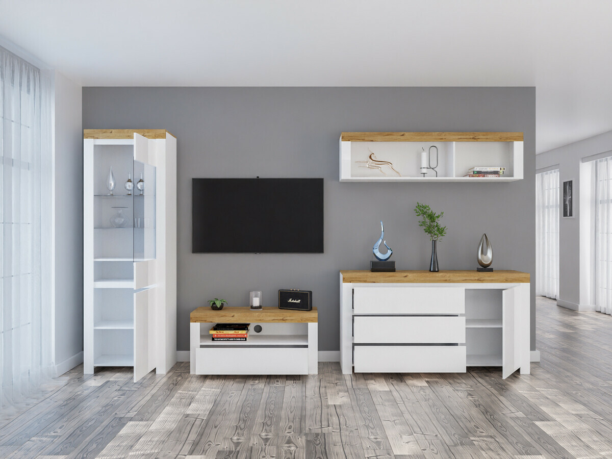 Viesistabas komplekts Sonsoru 144 (Balts + Glancēts balts + Votan ozols)