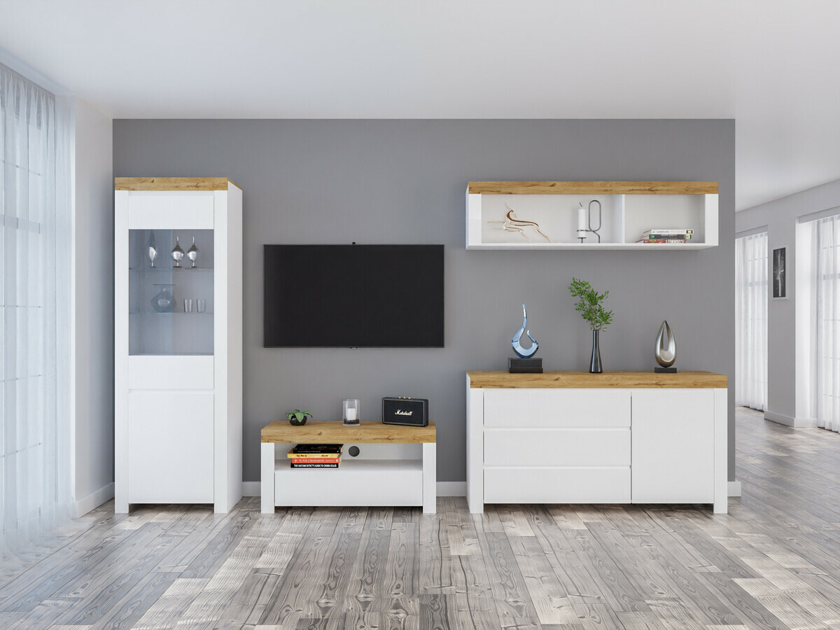 Viesistabas komplekts Sonsoru 144 (Balts + Glancēts balts + Votan ozols)