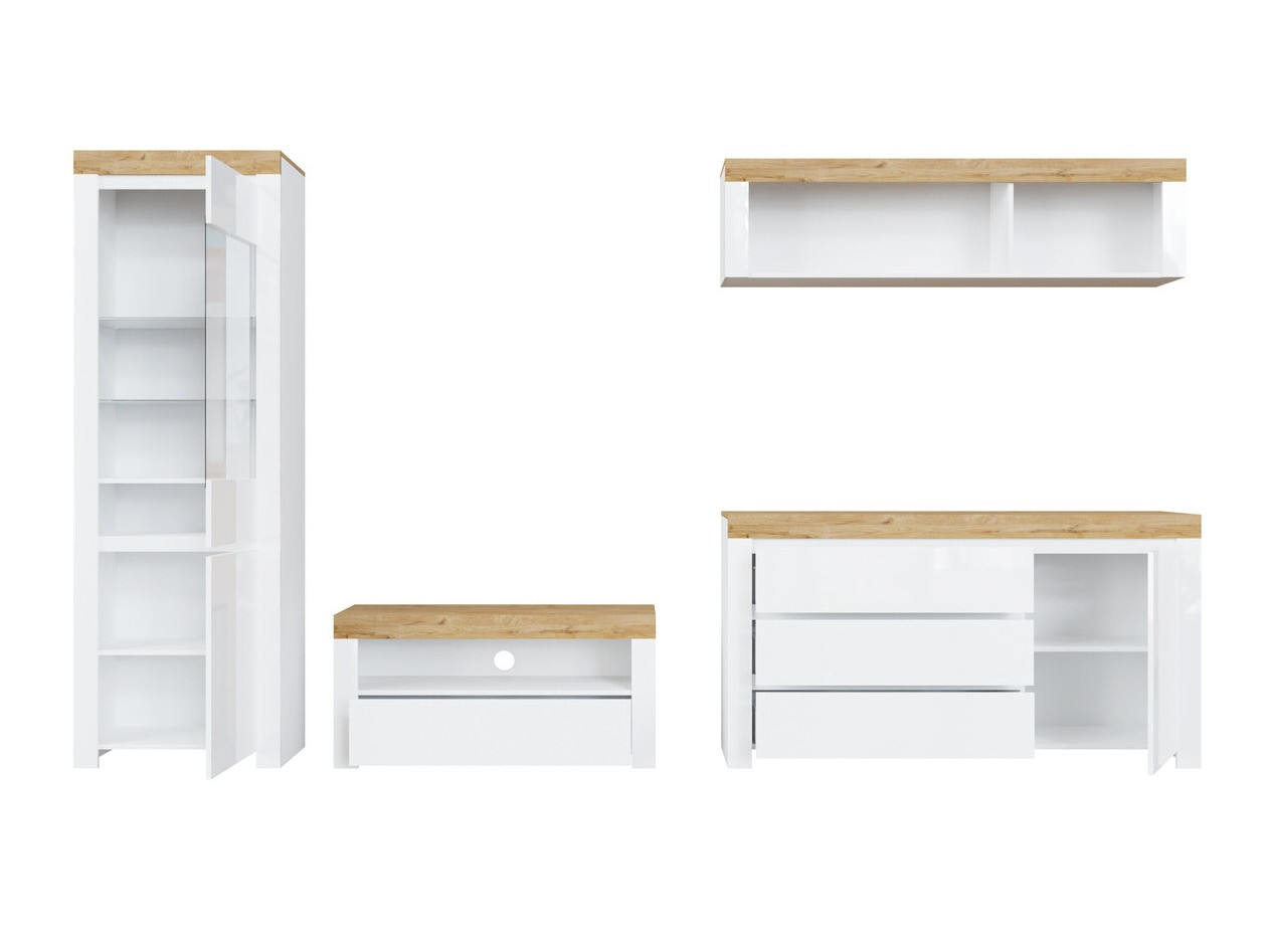 Viesistabas komplekts Sonsoru 144 (Balts + Glancēts balts + Votan ozols)