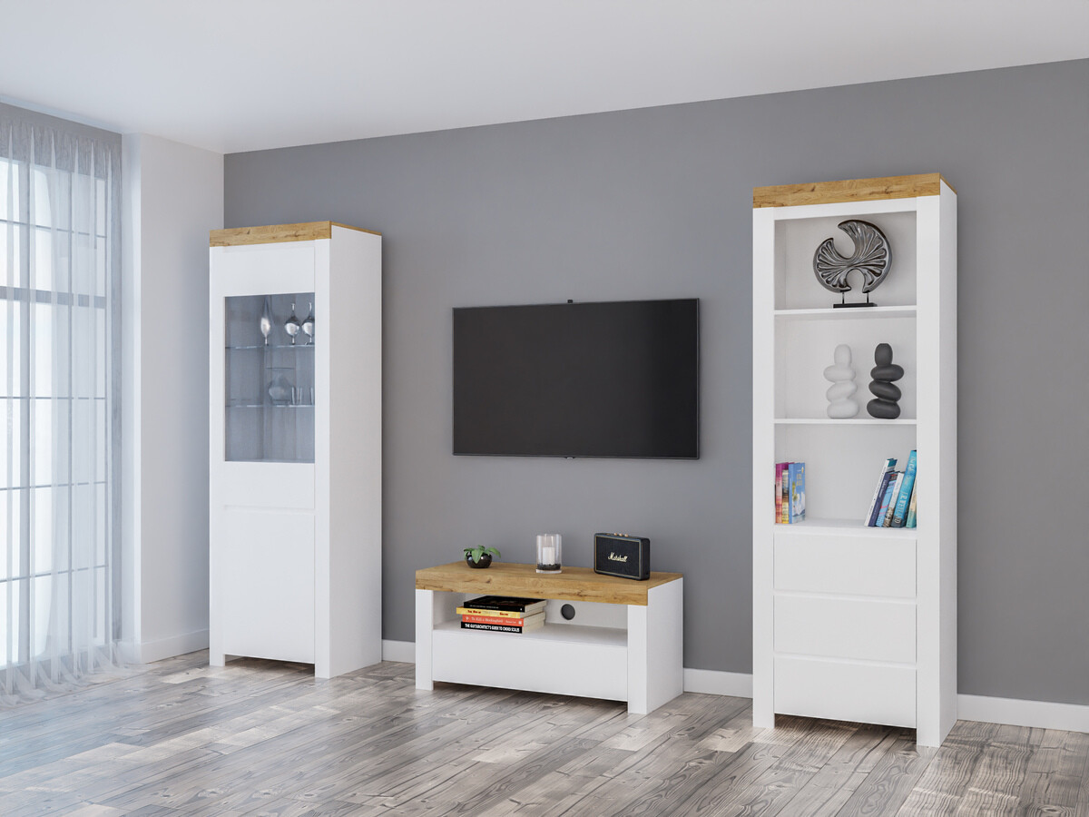 Viesistabas komplekts Sonsoru 145 (Balts + Glancēts balts + Votan ozols)