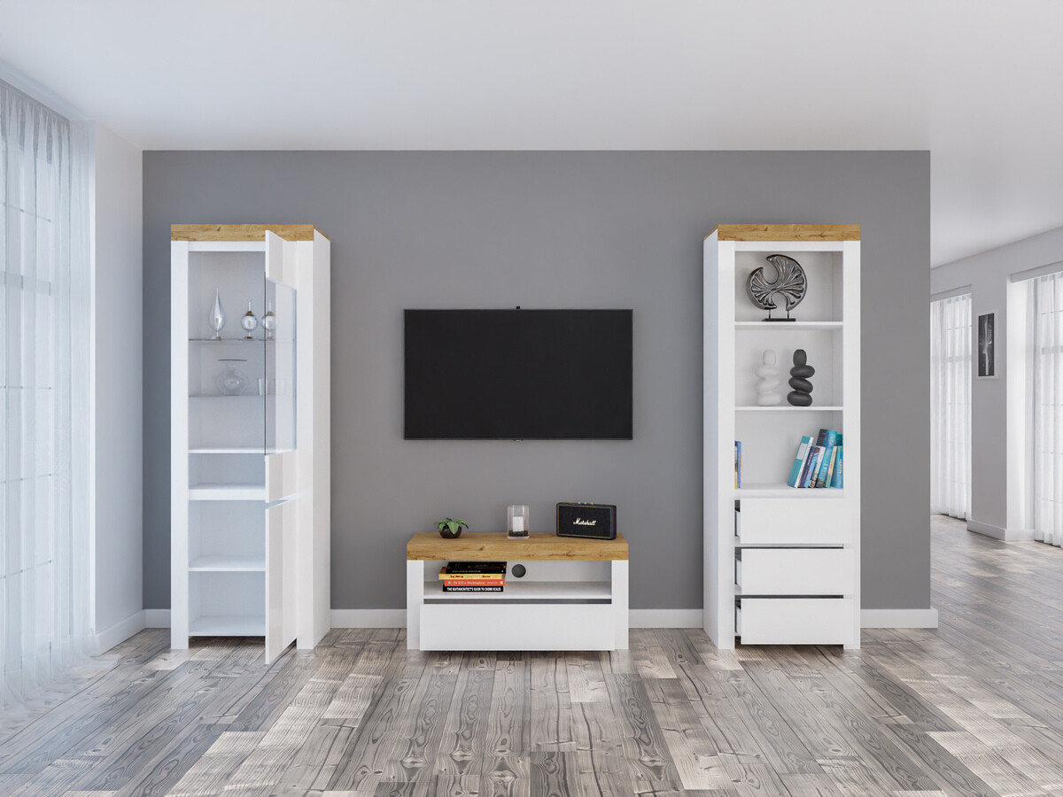 Viesistabas komplekts Sonsoru 145 (Balts + Glancēts balts + Votan ozols)