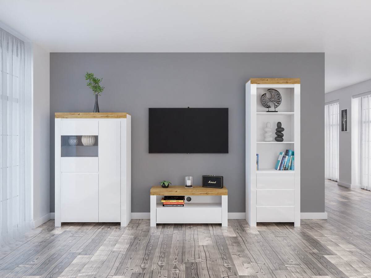 Viesistabas komplekts Sonsoru 146 (Balts + Glancēts balts + Votan ozols)