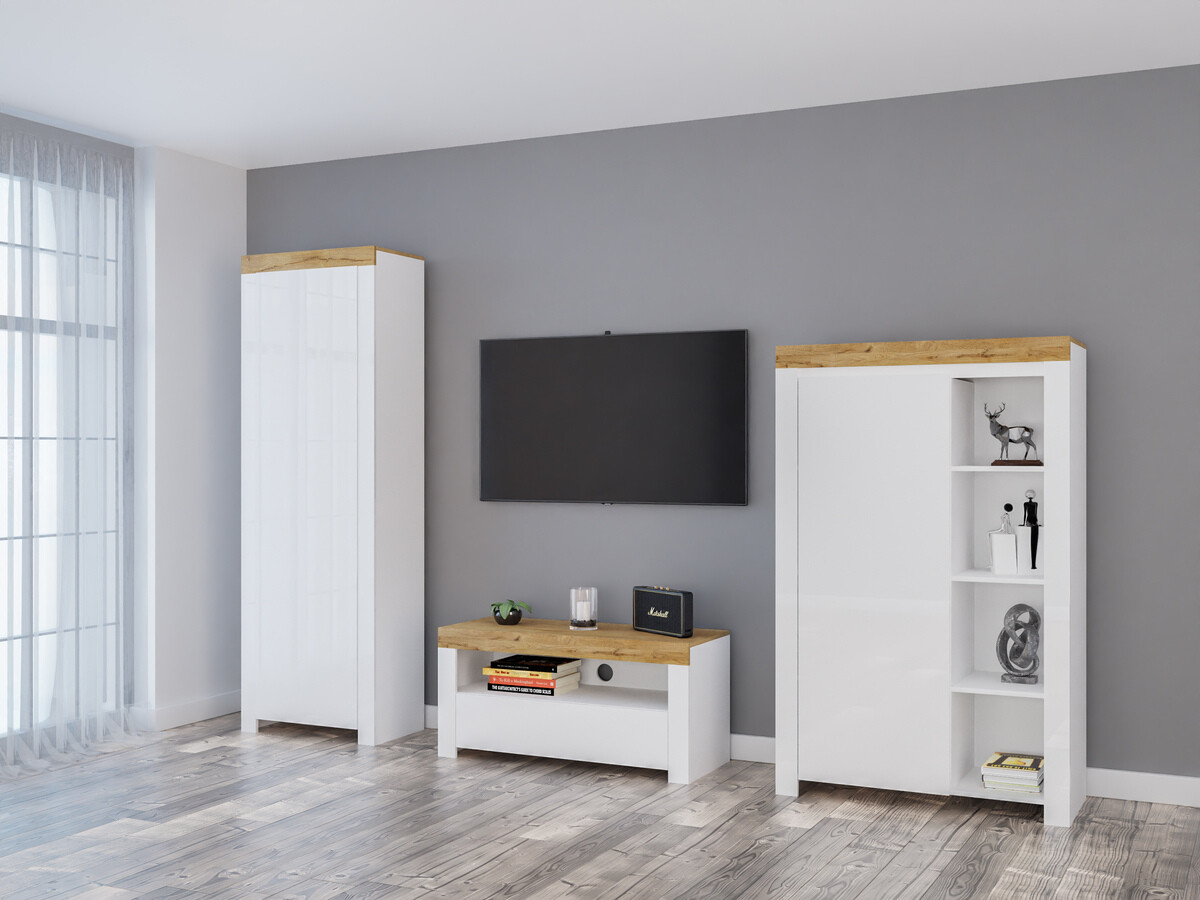 Viesistabas komplekts Sonsoru 147 (Balts + Glancēts balts + Votan ozols)