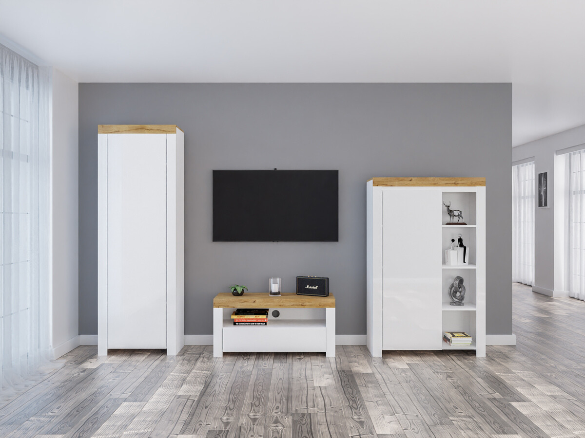 Viesistabas komplekts Sonsoru 147 (Balts + Glancēts balts + Votan ozols)