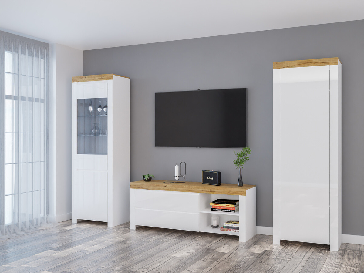 Viesistabas komplekts Sonsoru 148 (Balts + Glancēts balts + Votan ozols)