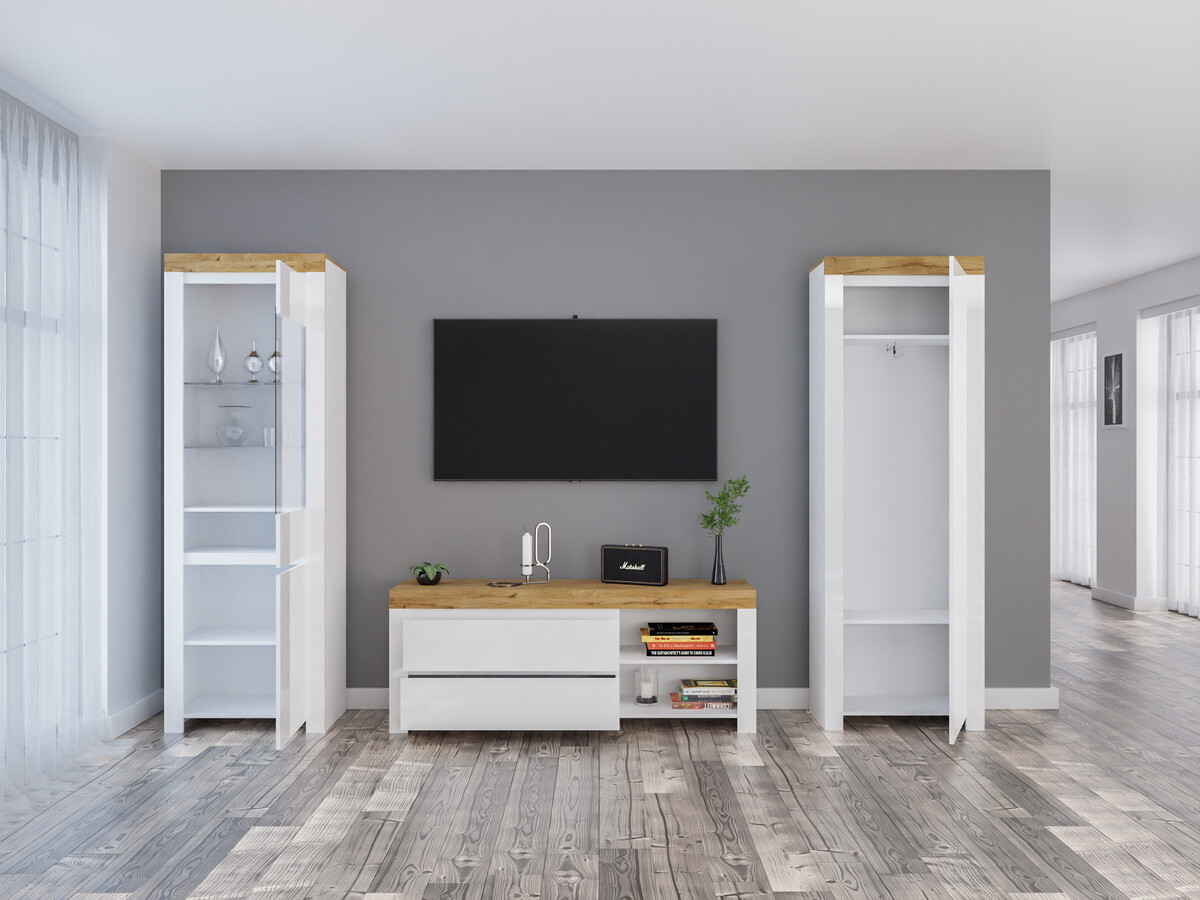 Viesistabas komplekts Sonsoru 148 (Balts + Glancēts balts + Votan ozols)