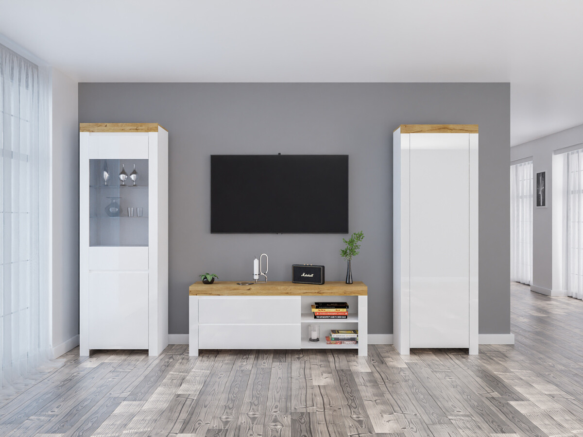 Viesistabas komplekts Sonsoru 148 (Balts + Glancēts balts + Votan ozols)