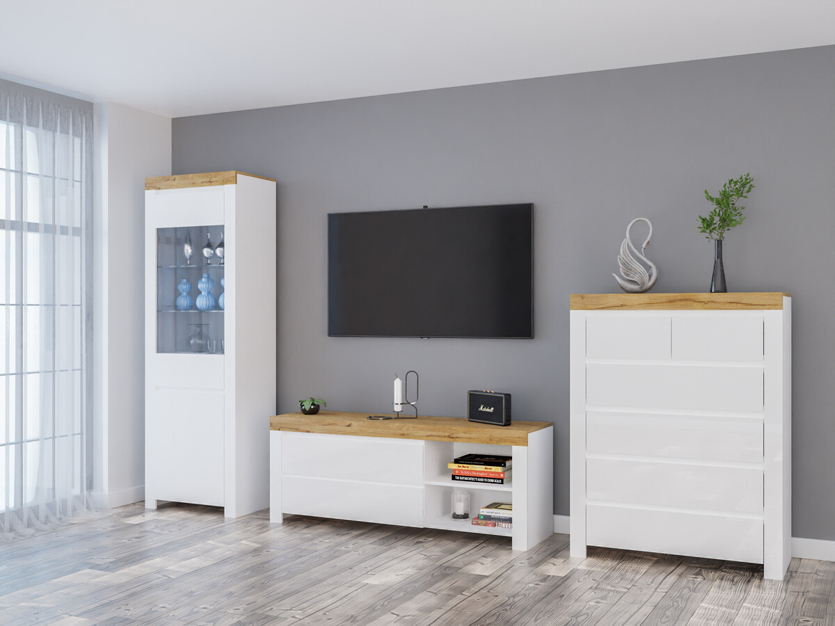 Viesistabas komplekts Sonsoru 149 (Balts + Glancēts balts + Votan ozols)