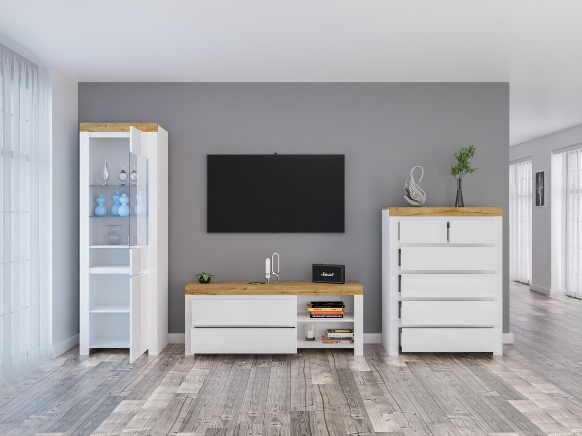 Viesistabas komplekts Sonsoru 149 (Balts + Glancēts balts + Votan ozols)