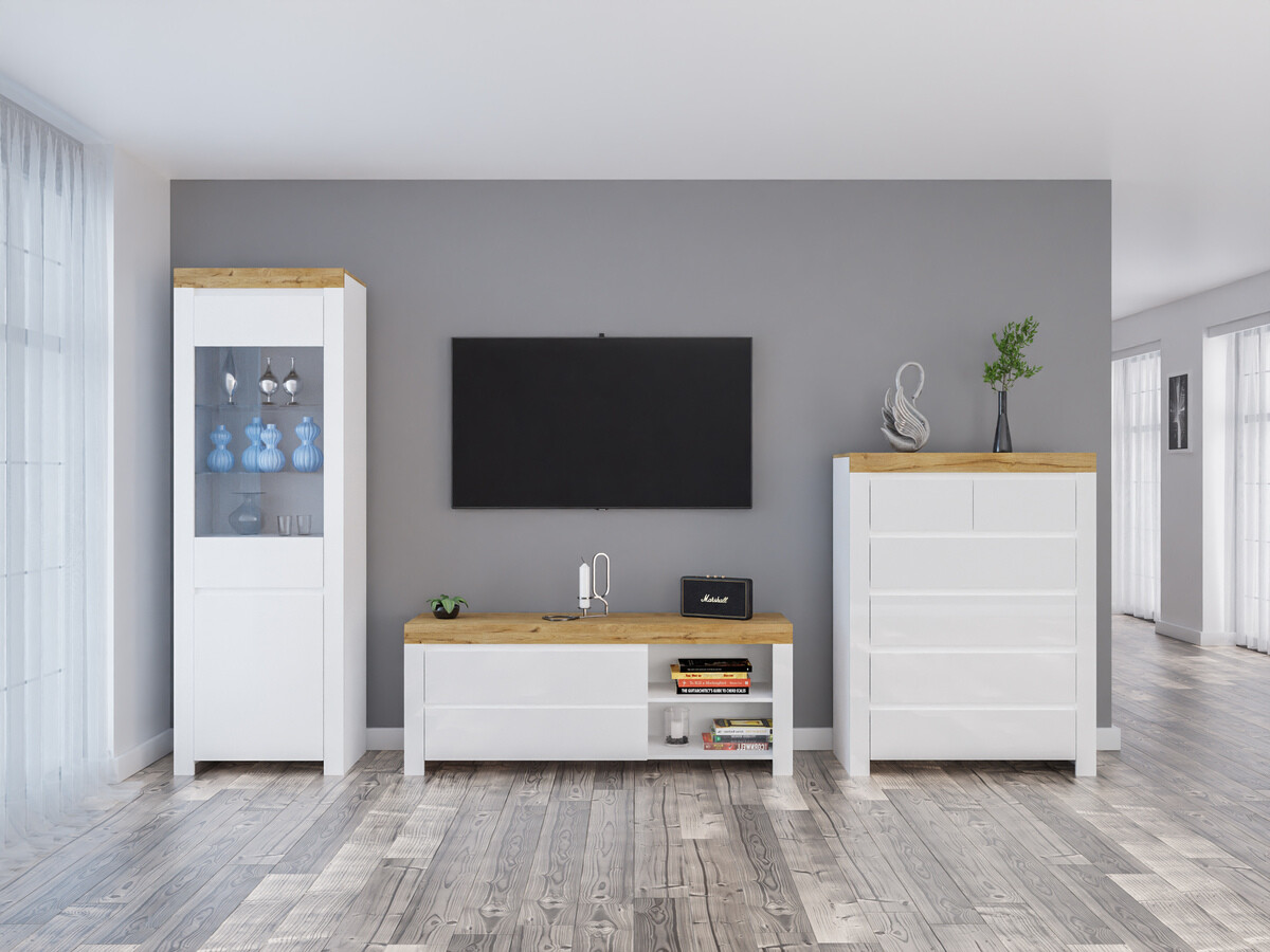 Viesistabas komplekts Sonsoru 149 (Balts + Glancēts balts + Votan ozols)