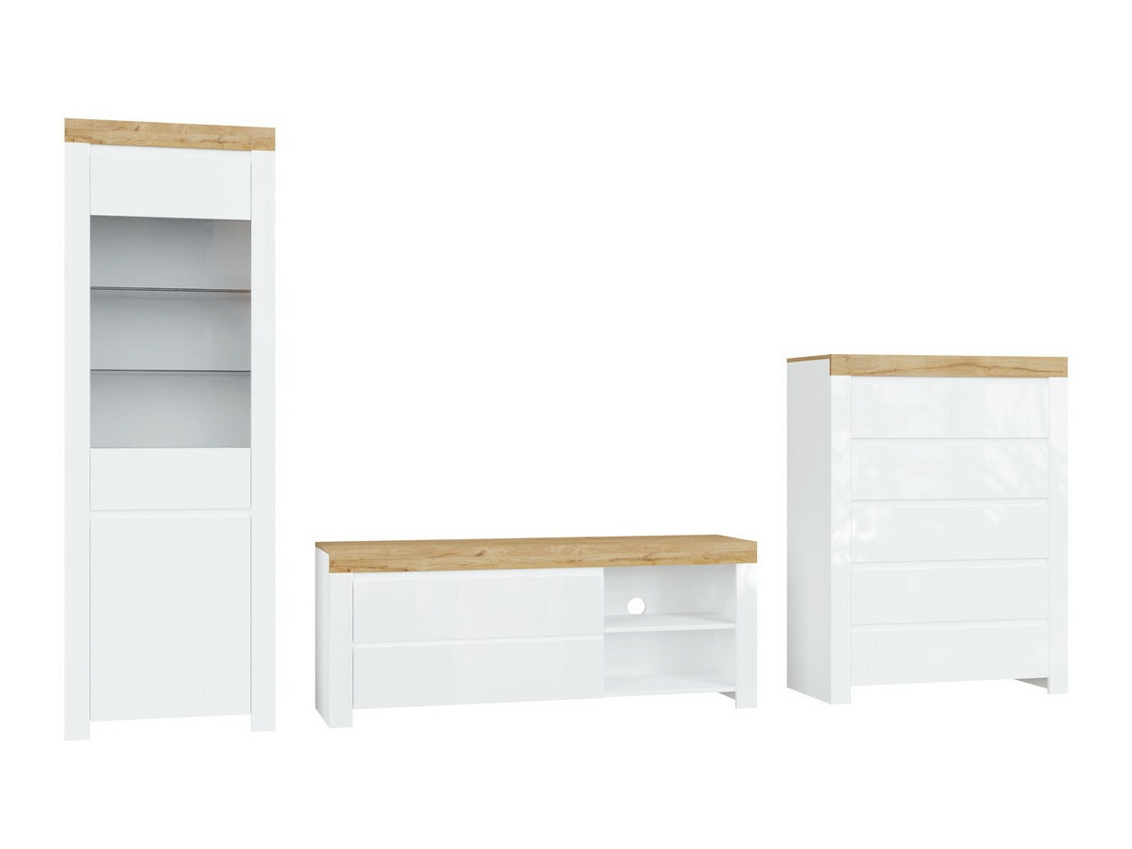 Viesistabas komplekts Sonsoru 149 (Balts + Glancēts balts + Votan ozols)