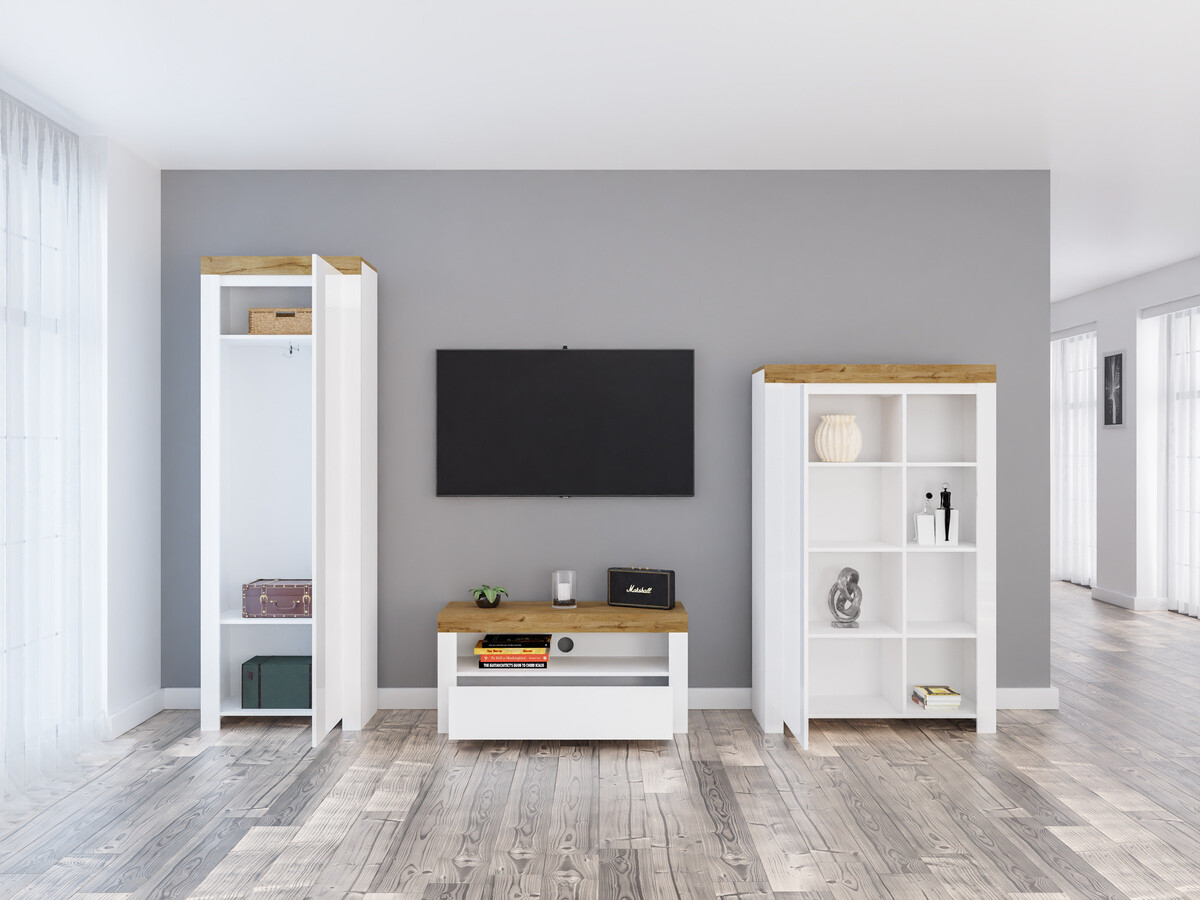 Viesistabas komplekts Sonsoru 147 (Balts + Glancēts balts + Votan ozols)