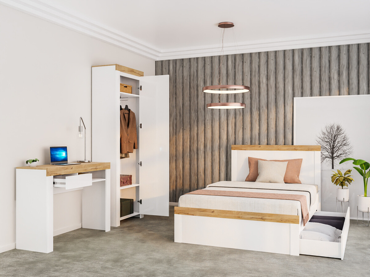 Кровать Sonsoru 115 (Белый + Глянцевый белый + Дуб вотан)