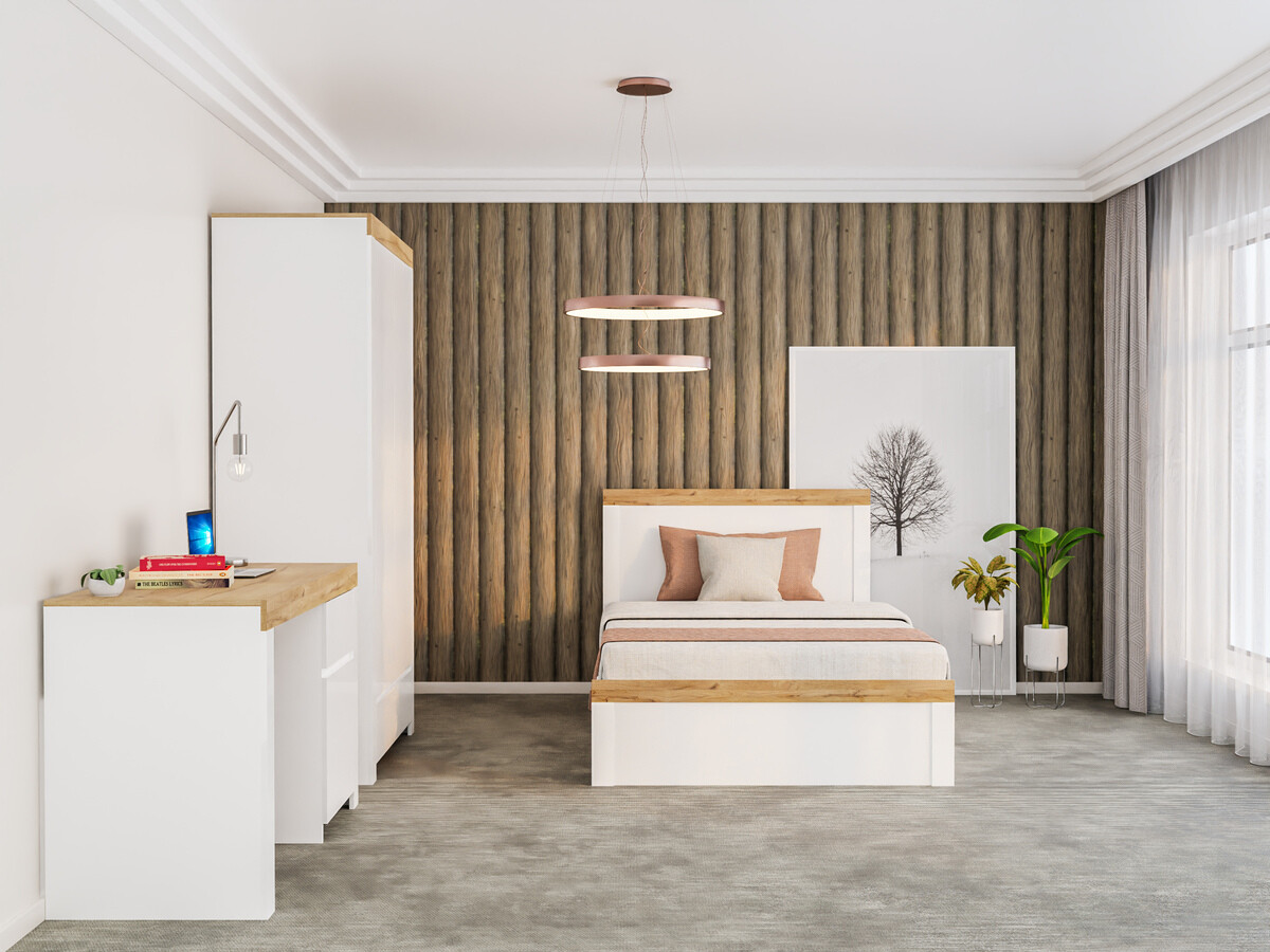 Кровать Sonsoru 115 (Белый + Глянцевый белый + Дуб вотан)