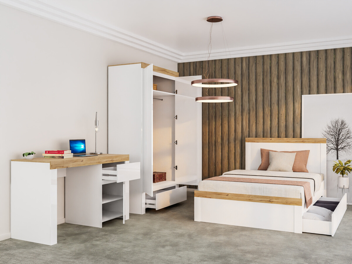 Кровать Sonsoru 115 (Белый + Глянцевый белый + Дуб вотан)