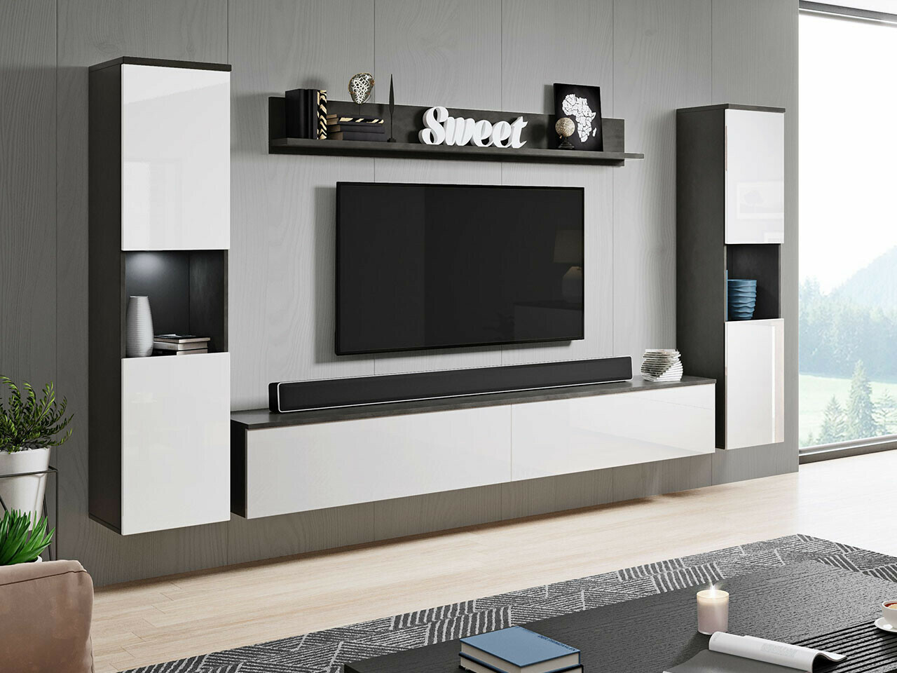 Набор для гостиной Sarasota 131 (Тёмно-серый + Глянцевый белый)