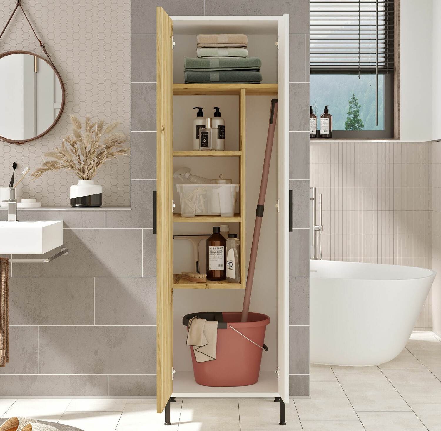 Stāvošs vannas skapītis Kailua 2071 (Balts + Rieksts)