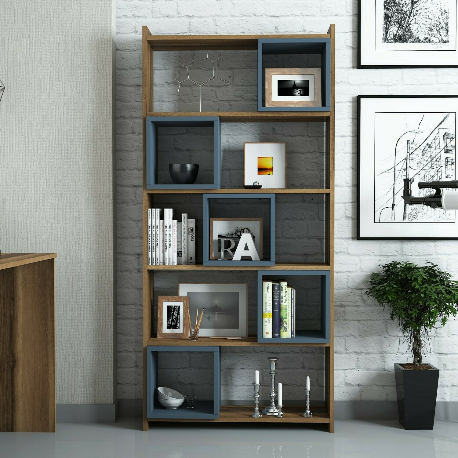 Стеллаж Kailua 666 (Синий + Грецкий орех)