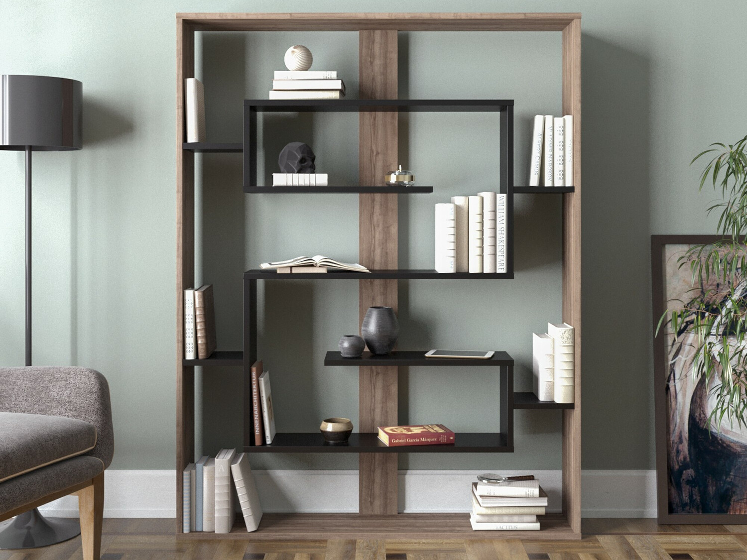 Стеллаж Kailua 1076 (Грецкий орех + Чёрный)