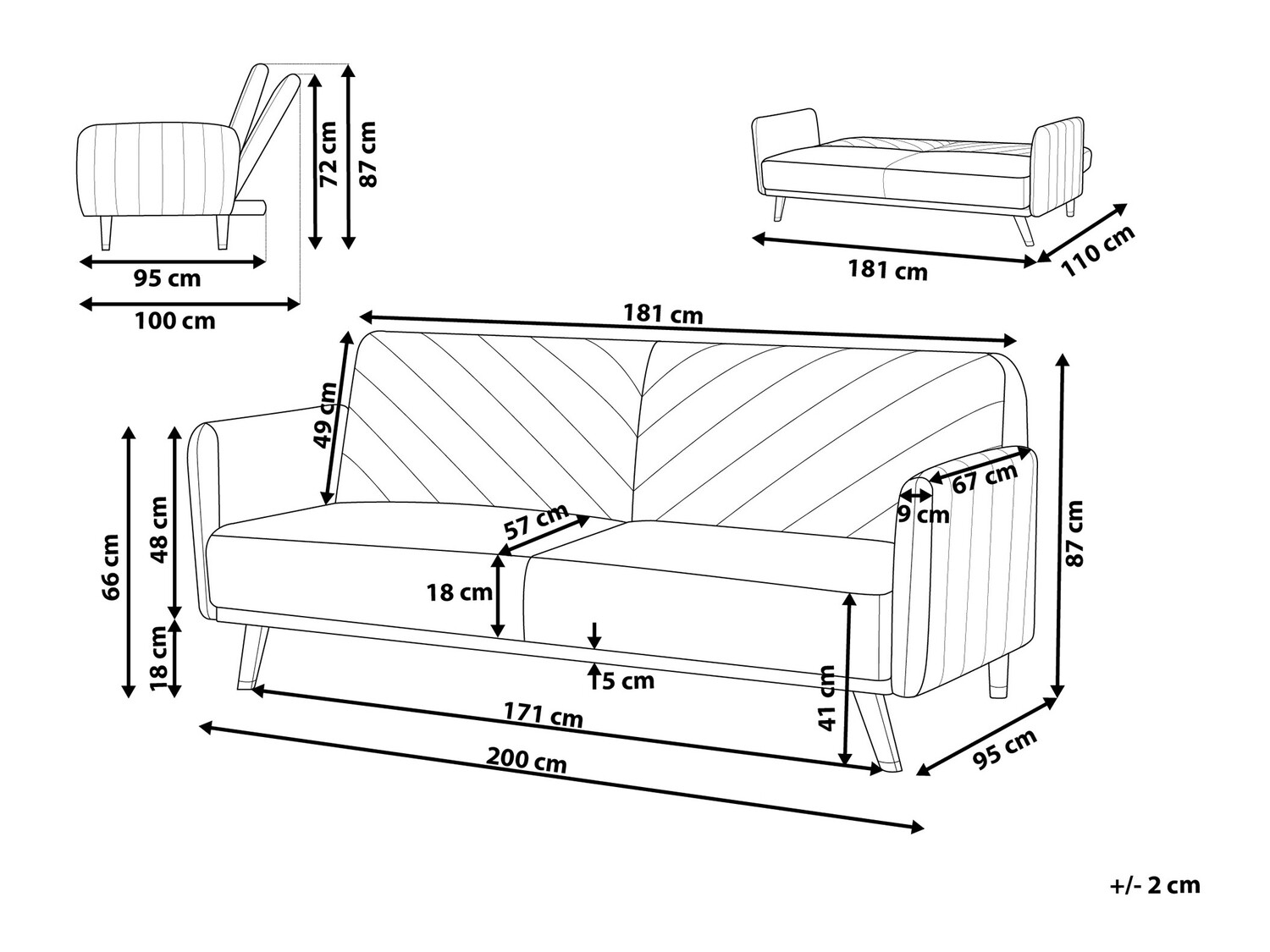 Dīvāns gulta Berwyn 120 (Melns)