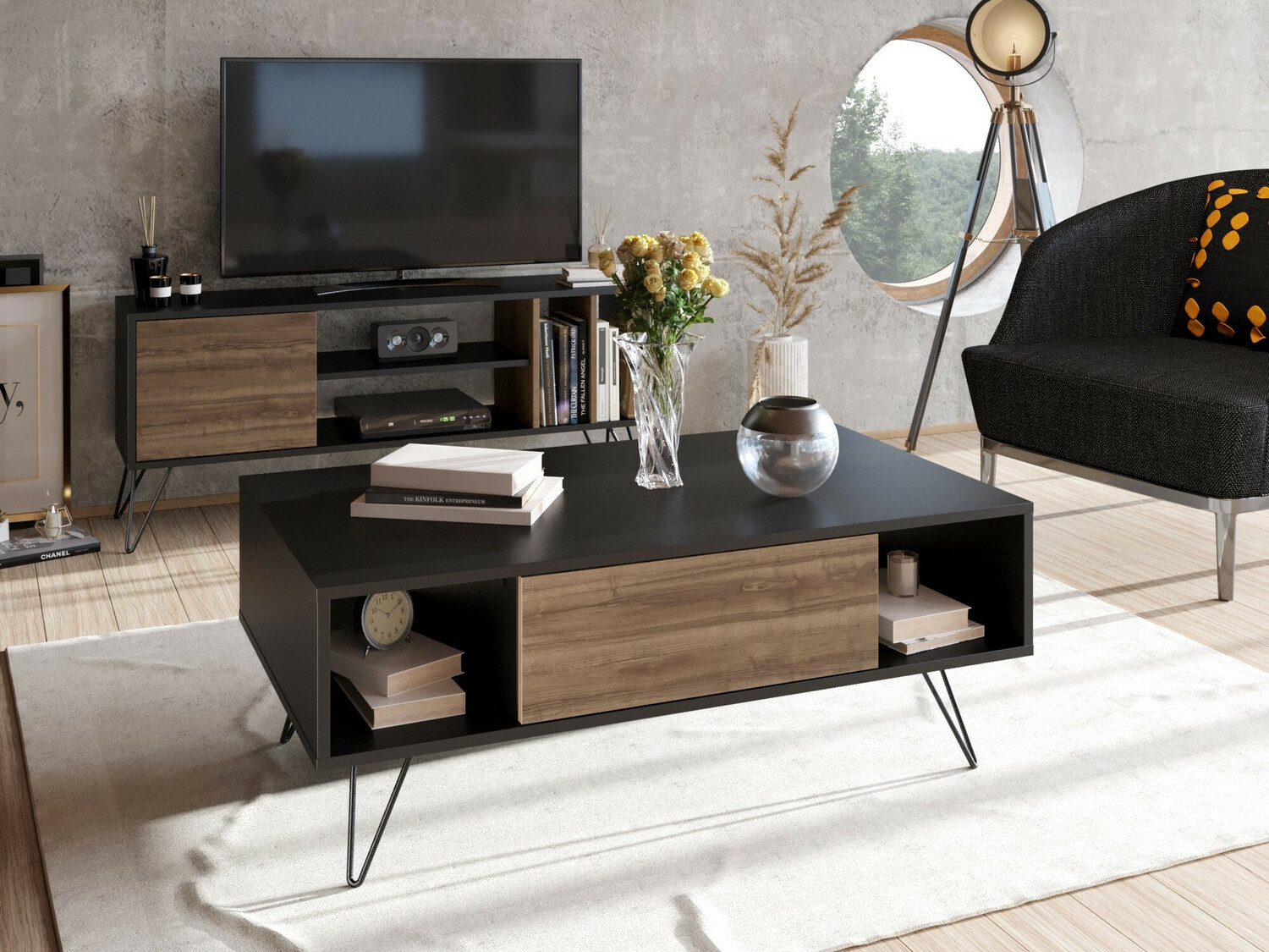 Žurnālu galdiņš Kailua 1211 (Melns + Riekstkoks)