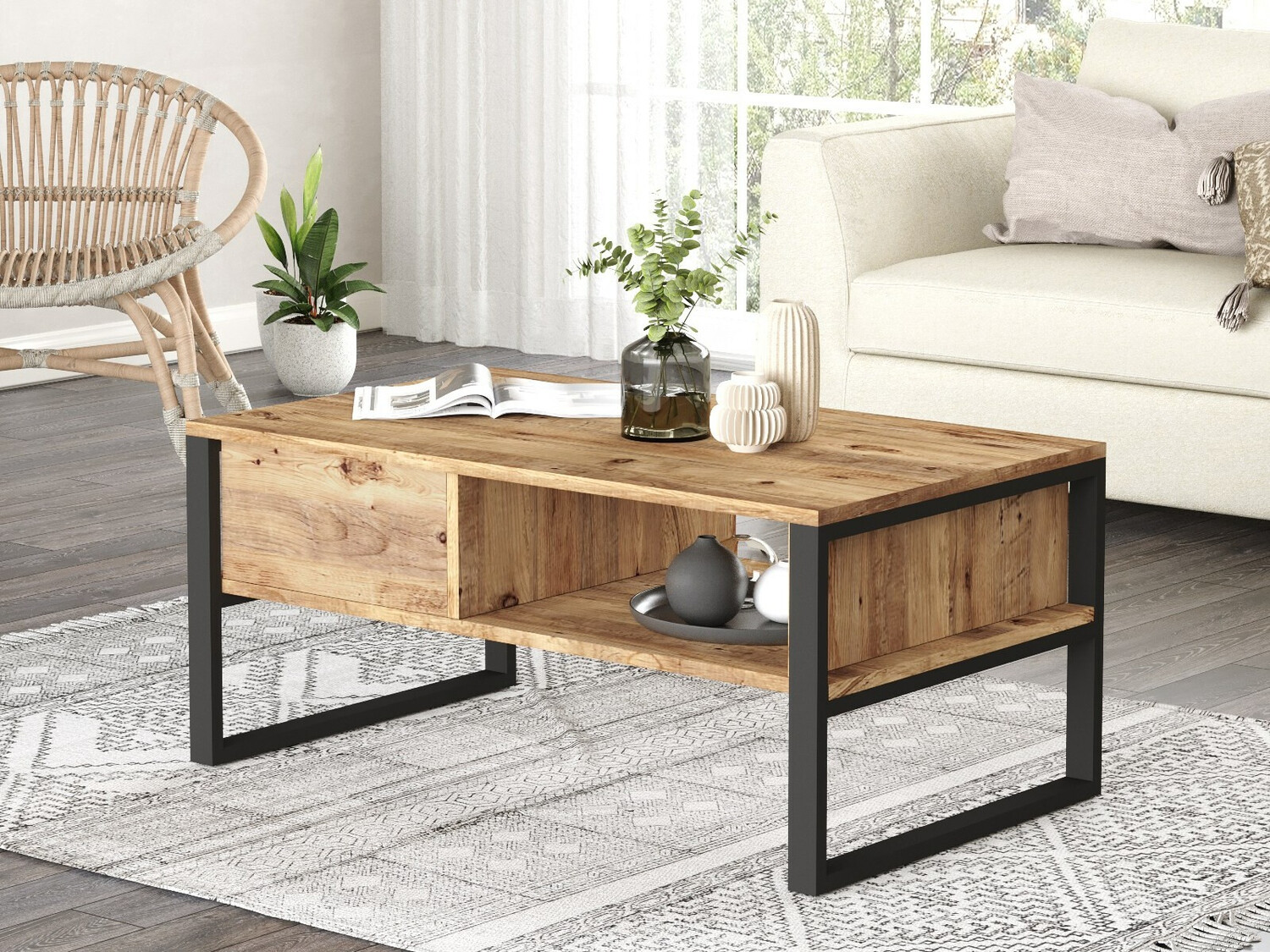 Žurnālu galdiņš Kailua 1220 (Melns + Priede)