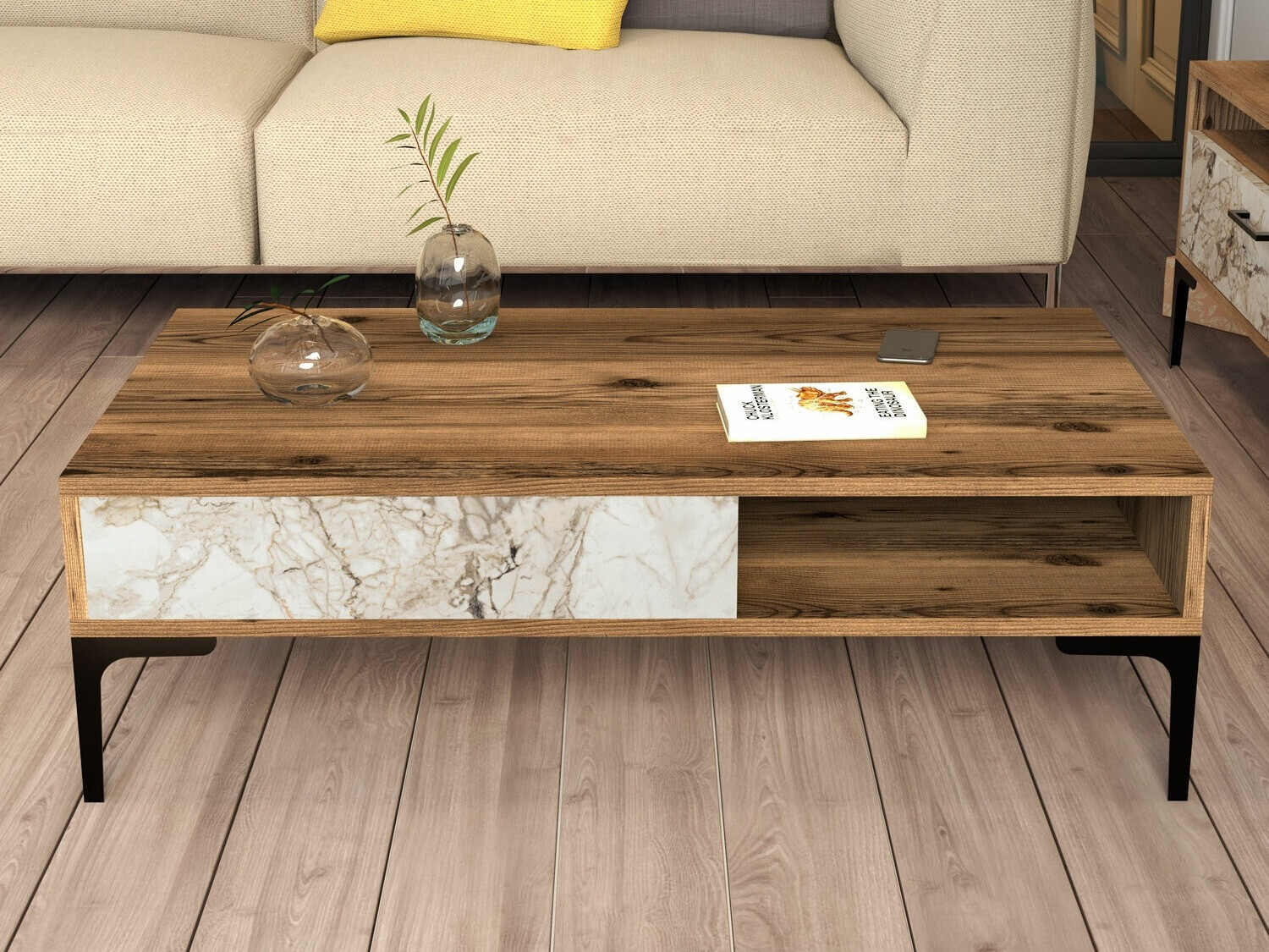 Žurnālu galdiņš Kailua 1239 (Riekstkoks + Balts marmors)