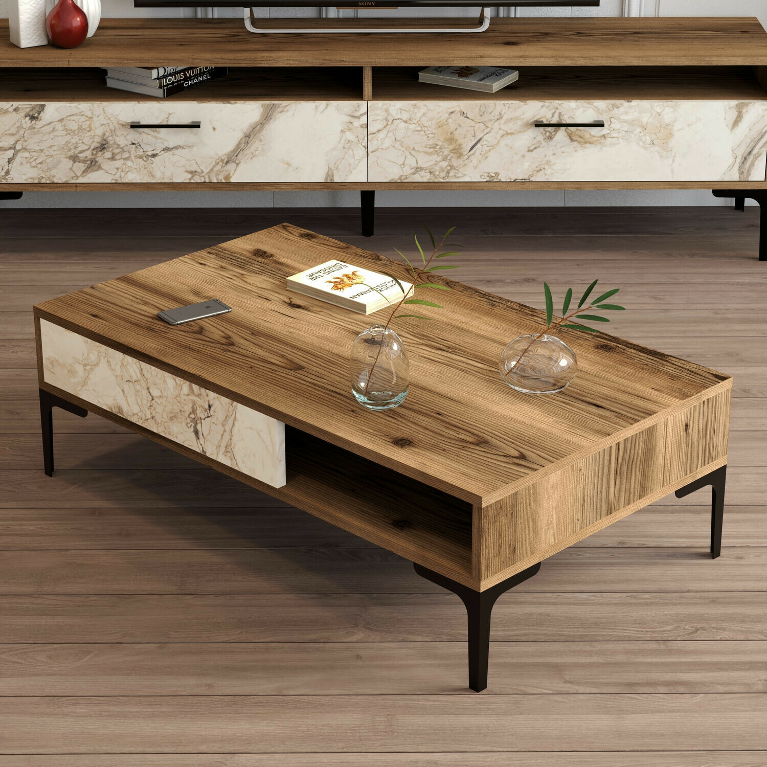 Žurnālu galdiņš Kailua 1239 (Riekstkoks + Balts marmors)