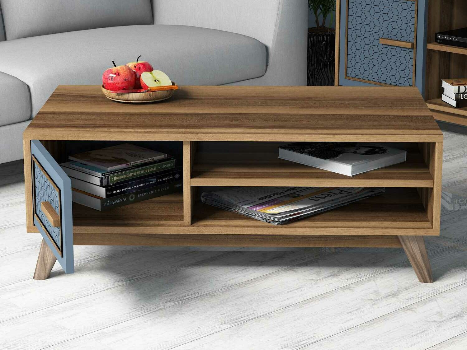 Žurnālu galdiņš Kailua 1274 (Zils + Riekstkoks)