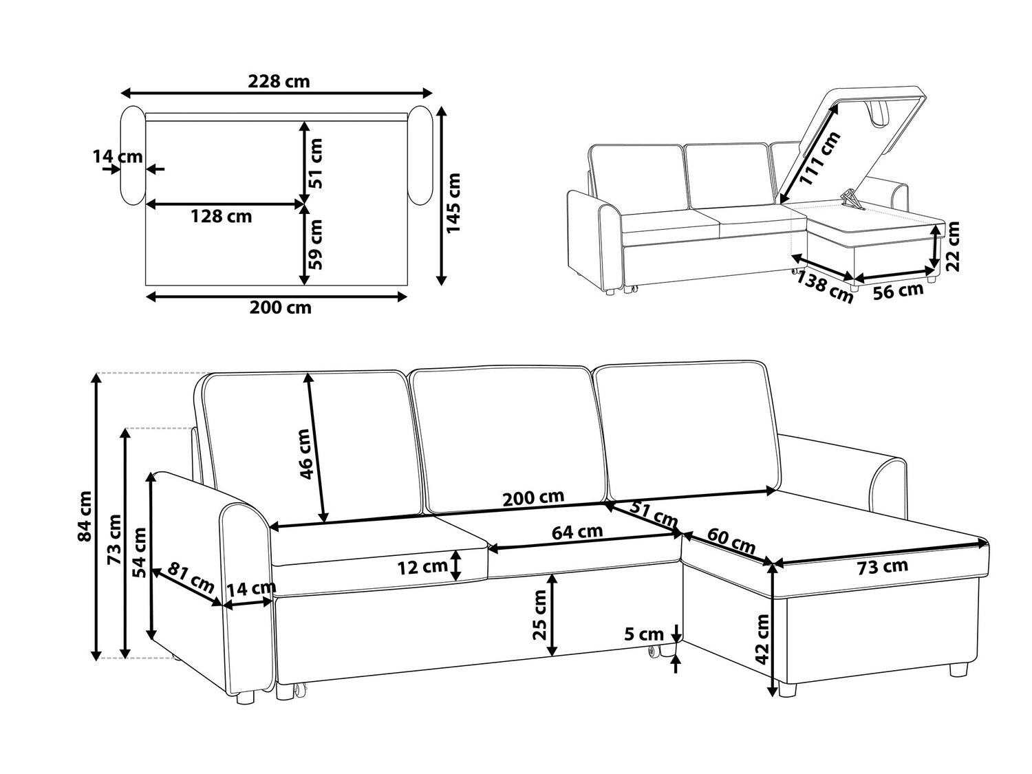 Stūra dīvāns Berwyn 705 (Melns)
