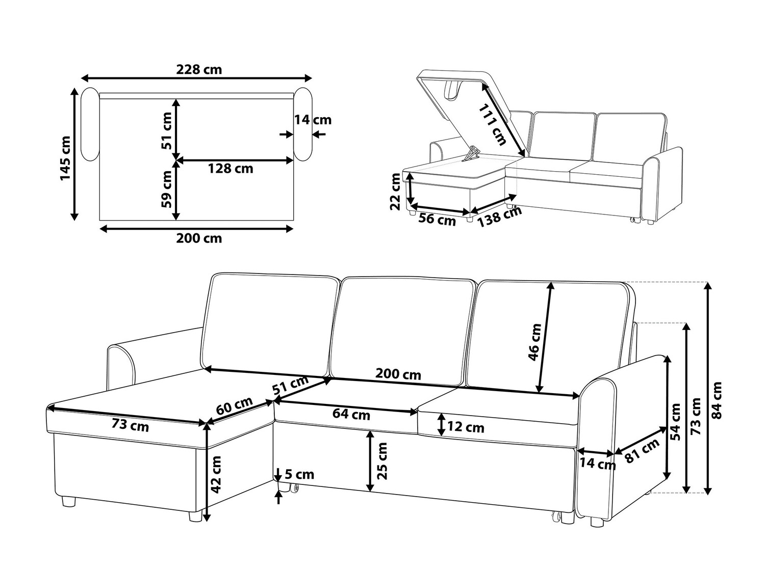 Stūra dīvāns Berwyn 705 (Melns)